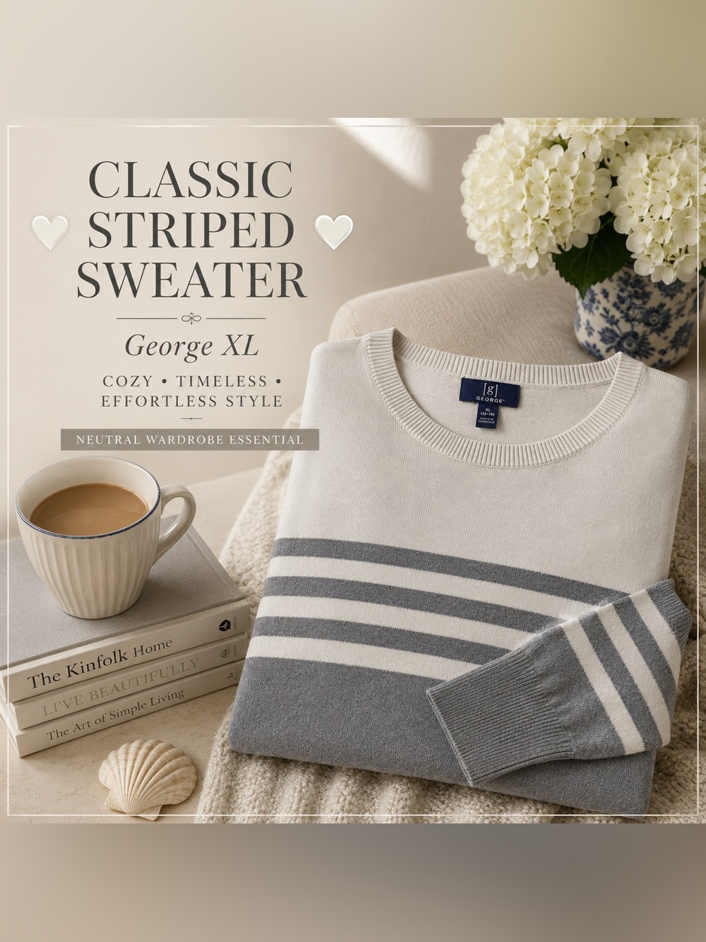George Neutral Striped Crewneck Sweater in Gray and White